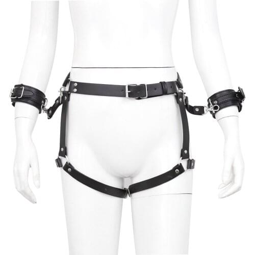 PU Leather Harness Adjustable BDSM Bondage Lingerie With Hand Cuffs Leg Cuff Restraints Handboeien Bdsm Toys Adult Game Sex Shop