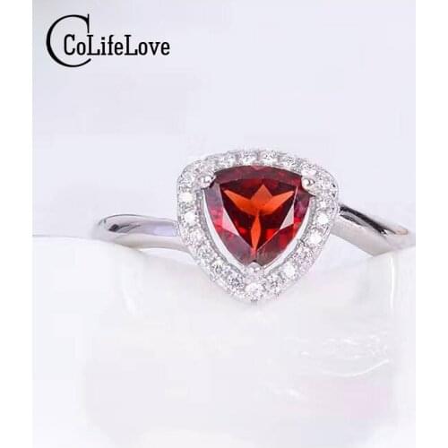 100% natural garnet silver ring 6mm trangle cut wine red garnet silver ring solid 925 sterling silver garnet ring for girl gift