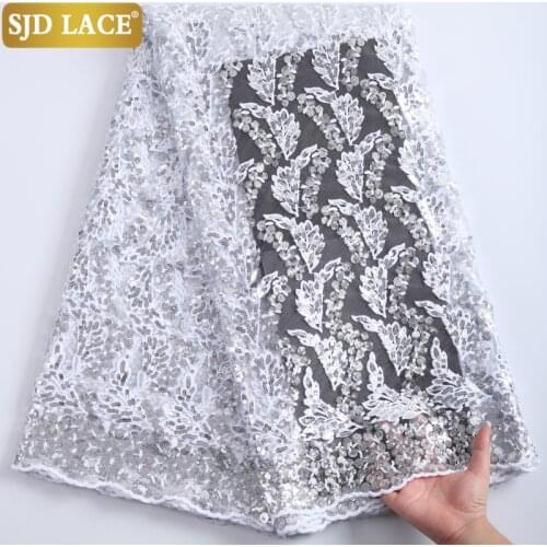 SJD LACE White Embroidery African Lace Fabric With Sequins French Mesh Lace Fabric 2021High Quality Tulle For Wedding DressA2227