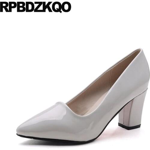 High heels classic pumps office women leather grey shoes court 2018 size 4 34 patent pointed toe gray block ladies thick 3 inch