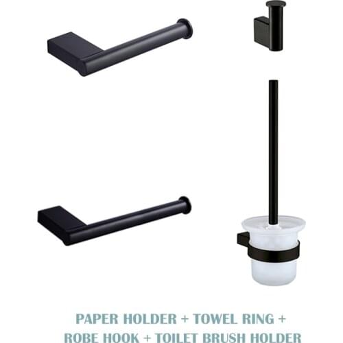 Bathroom Hardware Set Towel Ring Robe Hooks Toilet Brush Tissue Paper Holder Teethbrush Cup Liquid Soap Holder Dish Matte Black