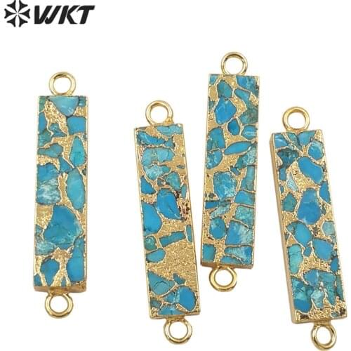 WT-C283 WKT Gold Electroplated Rectangle Blue Vein Turquoises Double Hoops Connector Pendant For Jewelry Making