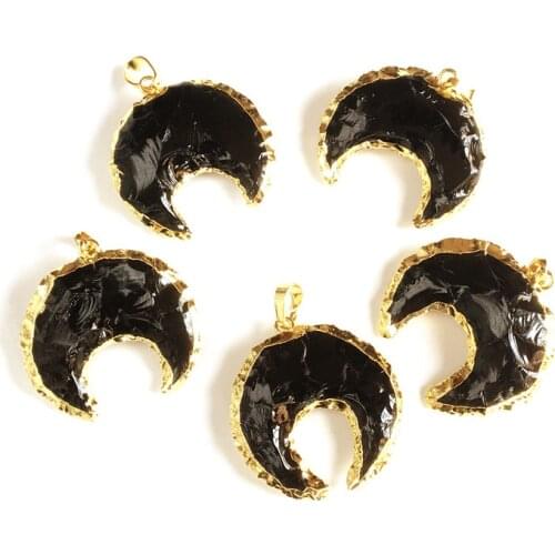 FUWO Natural Obsidian Crescent Pendant With Gold Trimmed Double Horn Crystal Jewelry For Necklace Making 5 pieces/lot PD308