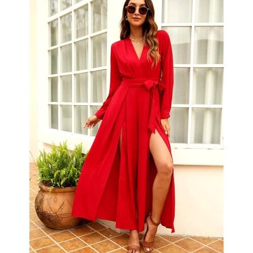 GypsyLady Vintage Chic Red Rompers Jumpsuit Spring Autumn V-neck Sexy Women Boho Long Sleeve Split Tie Up Ruffles Jumpsuits 2021