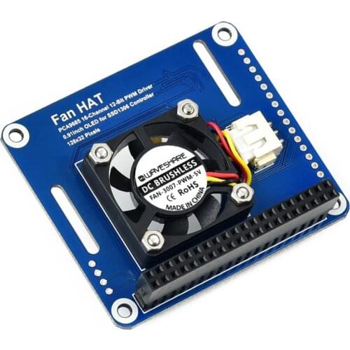 Waveshare PWM Controlled Fan HAT For Raspberry Pi, I2C Bus, PCA9685 Driver, Temperature Monitor