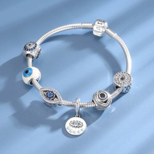 925 Sterling Silver Enamel Evil Blue Eyes Round shape CZ fine Beads fit Original Pandora Bracelet Charm Jewelry Making
