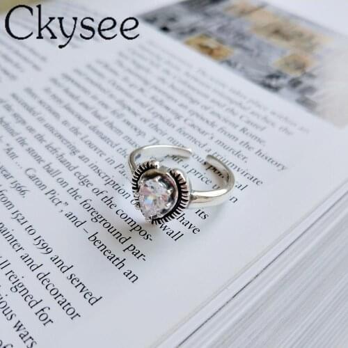 Ckysee 925 Sterling Silver Rings Black Love Shape Ring Opened Adjustable Rings For Woman Original Fine Jewelry