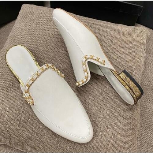 Whith Real leather women slippers gold chains borderd pointed toe spring autumn low heel grid brand with newest colorful