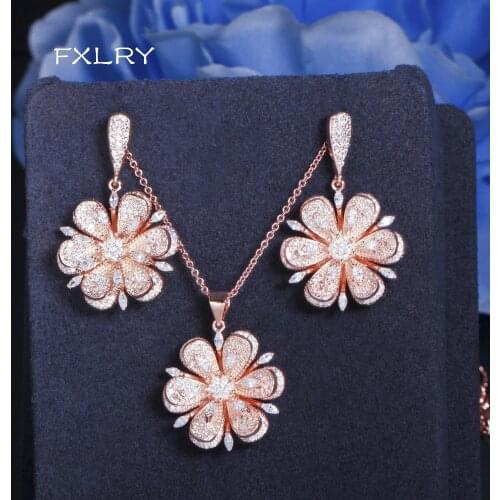 FXLRY Design Romantic Rose Gold Color CZ Zirconia Stone Flower Drop Earrings and Necklace Women Jewelry Sets
