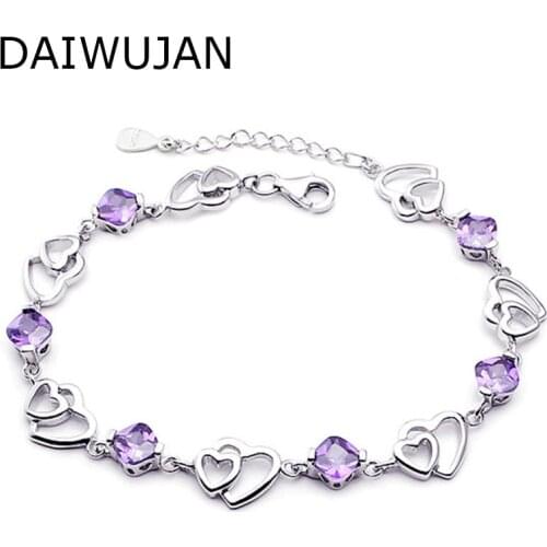 DAIWUJAN Elegant Love Bracelet For Women 925 Sterling Silver Purple Amethyst Double Hollow Heart to Heart Romantic Jewelry Gifts