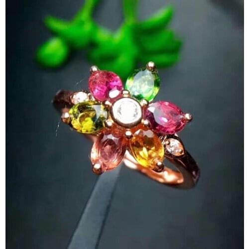 Natural Candy Tourmaline Gemstone Flower Pattern Ring Real 925 Silver Fine Fashion Charming Jewelry for Women Free Shipping