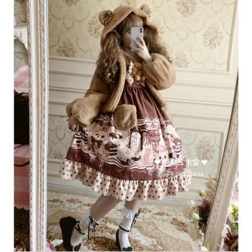 Chocolate Bubble Bear Womens Lolita Long Sleeve Dress & Fluffy Fur Bear Ear Hooded Coat Winter Set