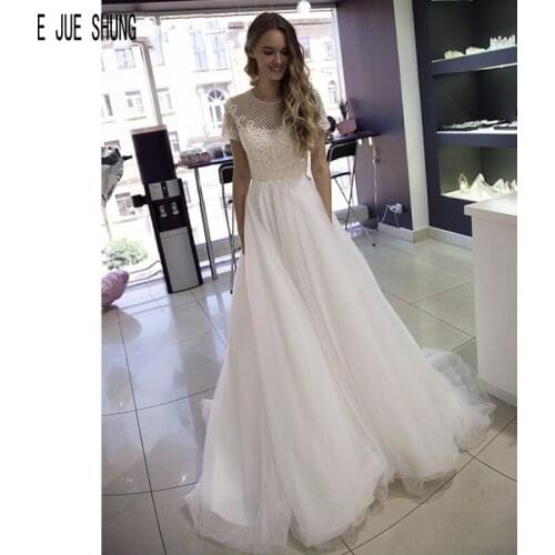 E JUE SHUNG Elegant Wedding Dresses O-neck Short Sleeves Button Back Lace Appliques Vestido de Novia Netting Wedding Gowns
