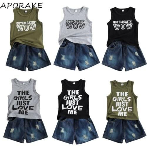 2021 0-6Y Summer Baby Boy Clothing Vest+Holes Denim Shorts Retro Sanded GOTEMSAYINS WOW Letter Print Summer Outfit 2pcs Set