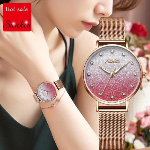 SUNKTA New Watch Ladies Ultra-thin Mesh Belt Woman Watch Diamond Waterproof Clock Quartz Watch Ladies Female Watch Girl Clock