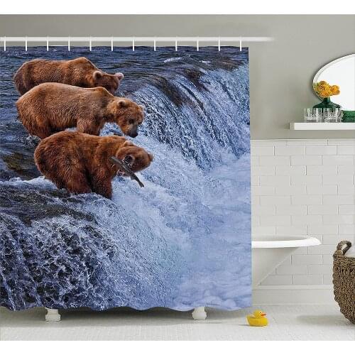 Wildlife Shower Curtain Grizzly Bears Fishing in River Waterfalls Cascade Alaska Nature Camp View Bath Curtains For Bathroom