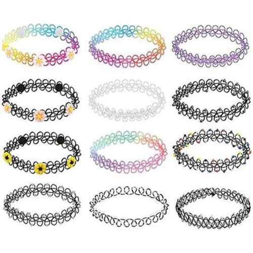 Fashion 12 Pieces Choker Necklace Set Stretch Velvet Classic Gothic Tattoo Lace Choker in womens daytime