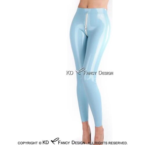 Lake Blue Sexy Latex Leggings Rubber Pants Trousers Bottoms Plus Size Front to Back Zippers CK-0036