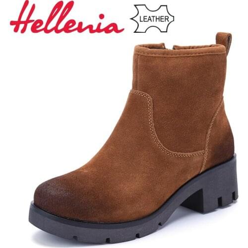 Hellenia Classic Winter Boots Suede Ankle Snow Boot Female Warm Fur Plush Insole High Quality Ladies Leather Shoes Black Tan