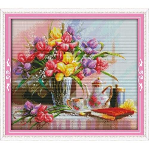 Joy Sunday Beautiful Flowers Chinese Cross Stitch Kits Ecological Cotton Stamped Printed 14 11CT DIY Wedding Decoration For Home