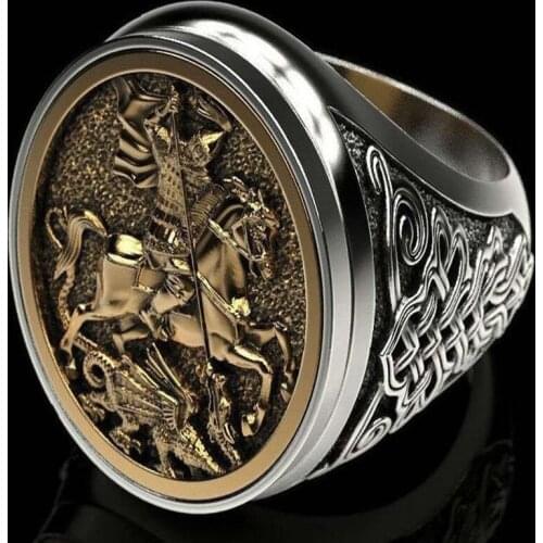 Vintage Gothic Unique Sovereign Mens Rings St Georges Portrait Two-tone Roman Soldiers Dragon Rings Male Teens Trendy Jewelry