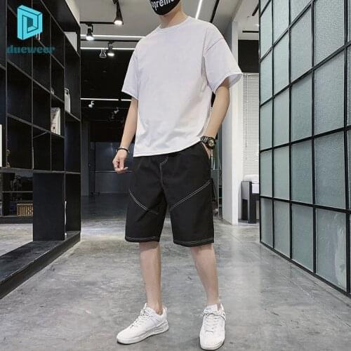 DUEWEER Men Casual Sports Suit Summer Short-Sleeved Shirt Half Shorts Pants Two Pieces White Striped Plus Size Streetwear Set