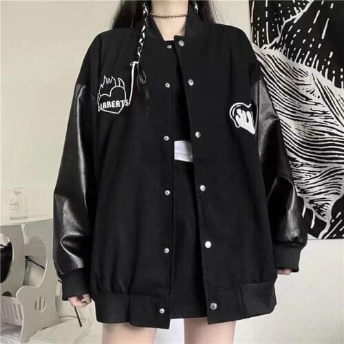 Bomber Jacket Women Baseball Uniform DARK Harajuku Style Loose Spliced PU Sleeves Autumn Thin Coat Streetwear Vintage Clothing
