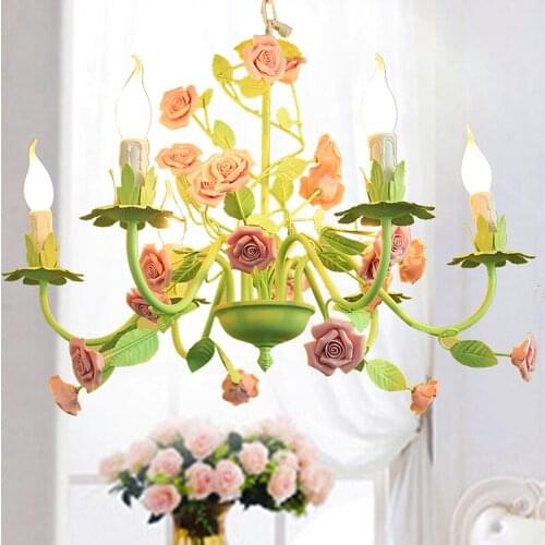 Modern Green Pink Rose Style Chandelier Light Luxury Decorative Pendant Lamp Indoor Iron Crystal Chandelier Dining Room Lighting
