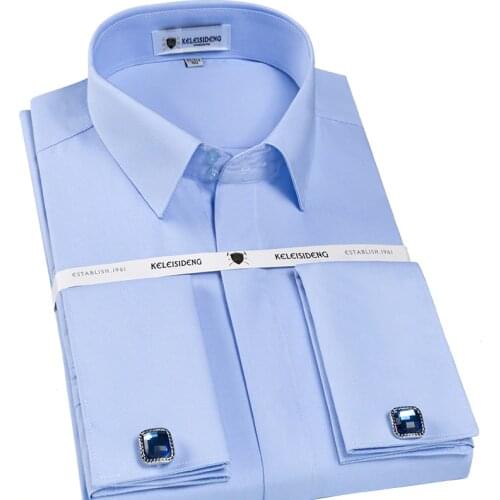 France Cufflinks mens Dress shirts cover button long sleeve Slim Fit soft formal male Tuxedo shirt social pocketless Easy Care