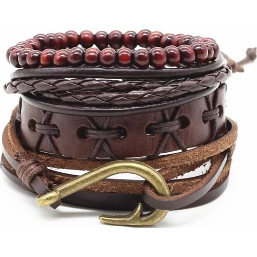 New 4pcs/set Handmade Fashion Trendy Vintage Handmade Wood Bead Fish Hook Charm Men Leather Bracelet For Women Jewelry Accessory