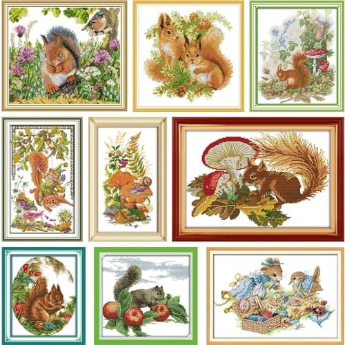 Joy Sunday Counted Fabric Embroidery Needlework Cross Stitch Kits A Squirreland Mushrooms Stamped Thread 11CT 14CT Printed Craft