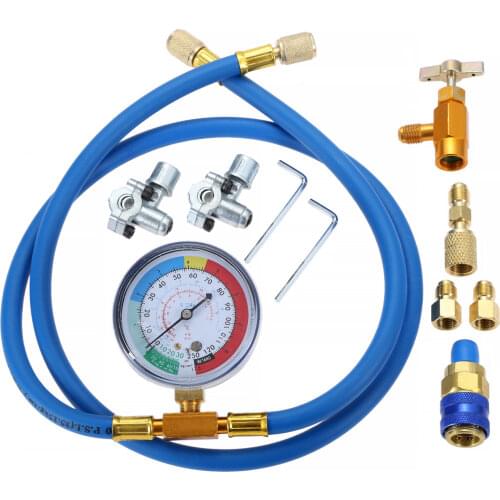 A/C R134A Refrigerant Charging Hose Kit, Recharge Hose with Gauge R13A Can Tap and Quick Couple R410A Straight Swivel Adapter
