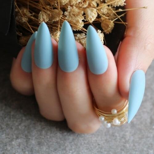 Sky Blue Stiletto salon art Matte false nails Transparent DIY long coffin Matte fake nails INS 10 colors