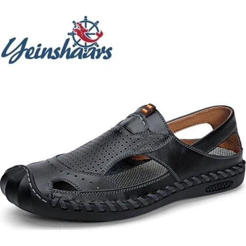 New Sandals Mens Summer Shoes Leather Fashion Hole Shoes Breathable Classic Walking Shoes Lightweight Outdoor Hiking Shoes Flats