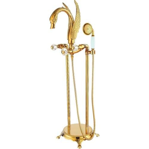 Free standing gold clour Floor Mounted swan Bath Tub shower Filler Faucet Handshower SWAN crystal handles