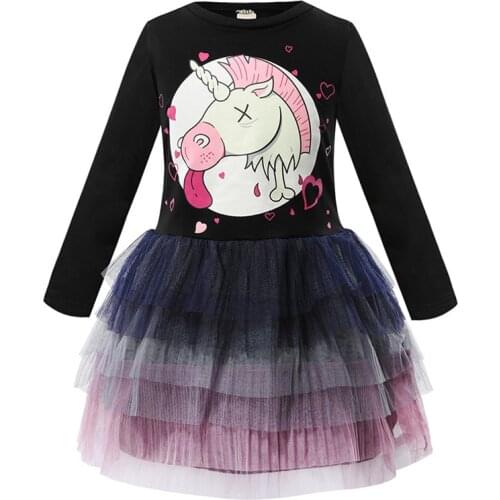 Girls Dress For Unicorn Cartoon Print Kids Long Sleeve Wedding Party Princess Dresses Baby Girl Clothes 2-9Y Childrens Vestidos