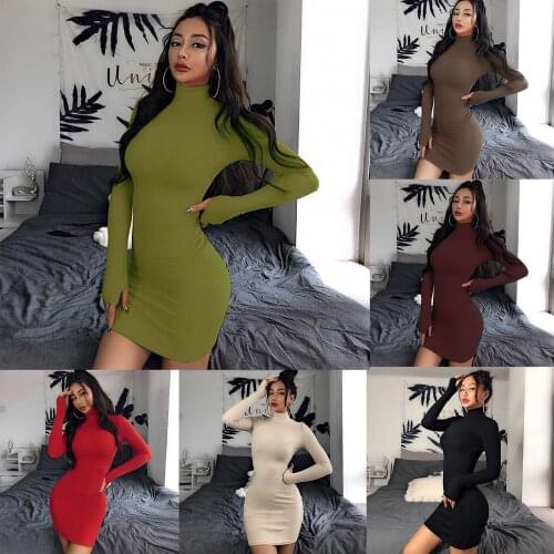 Elegant Dress Sexy Women Autumn Solid Color Turtleneck Long Sleeve Bodycon Mini Dress Clubwear Skinny Bodycon Dress Summer 2021