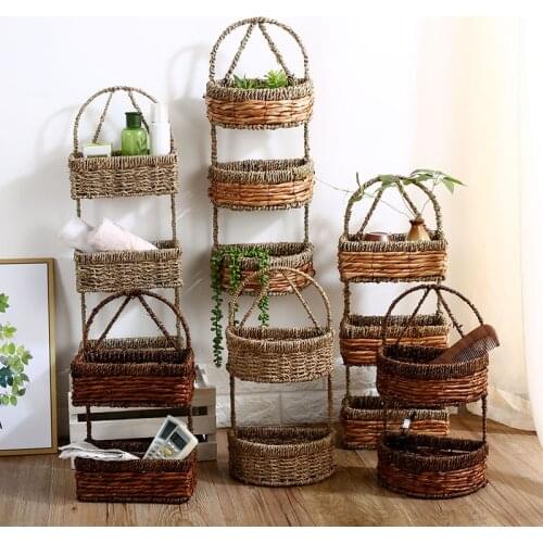 Woven hanging green plant pot basket straw woven multi-layer hanging wall storage basket wall hanging bathroom hanging basket ha
