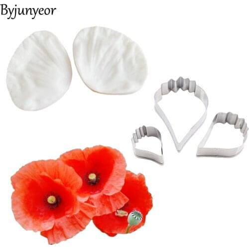 Poppy Flower Veiners Silicone Molds Fondant Sugarcraft Gumpaste Clay Water Paper Cake Decorating Tools CS284