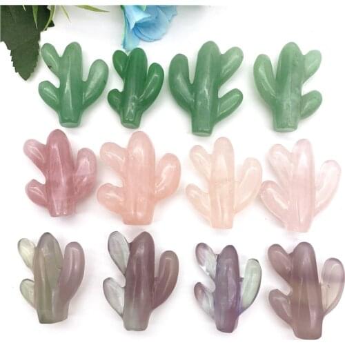Drop Shipping 1PC Natural Mini Pink Crystal Aventurine Fluorite Cactus Carving Figurine Natural Stones and Crystals
