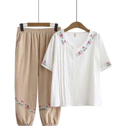 Plus Size XL-4XL Womens Summer 2pieces Suits Short Sleeve V-neck Tops + Cropped Embroidery Pants Casual Female Sets