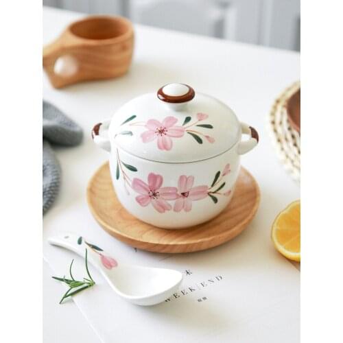 Hand Cherry Blossom Pattern Ddible Birds Nest Stew Pot Small Ceramic Saucepot Mini Casserole