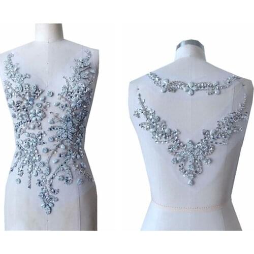 Hand made sew on silver Rhinestones applique on mesh crystal patches trim 50*30/30*20cm for dress back/and front