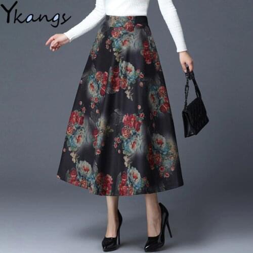 Vintage Winter Skirt Female Plus Size Plaid Flower Print WomenS Maxi Skirt High Waist Warm Wool Skirt Elegant Office Lady Skirt
