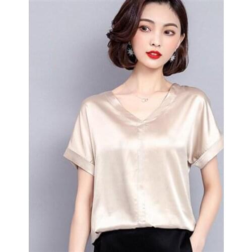 Women Faux Silk Spring Summer Style Chiffon Blouses Shirts Lady Casual Short Sleeve O-Neck Blusas Tops DD8119