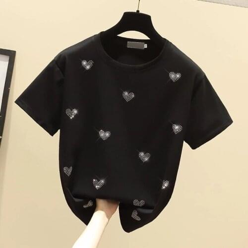2021 Summer T shirt Women Clothes Diamond Basic Knit Cotton Korean Casual T-Shirt Summer Tops Black Short Sleeve Y2K Shirt White