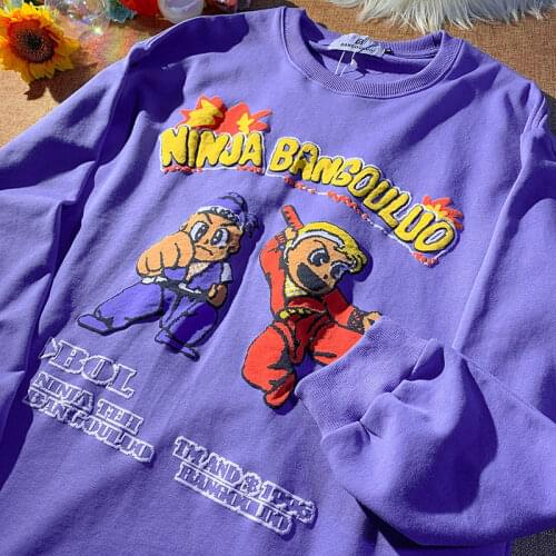 Black Purple Vintage Cartoon Letters Printing Sweatshirt Women 2021 Autumn New Arrival Japanese Fashion Teens Clothes Harajuku