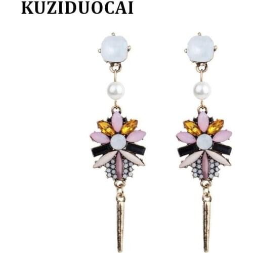 Kuziduocai New Fashion Jewelry Vintage Bronze Pearl Beaded Flower Colorful Geometry Tassel Stud Earrings For Women Gift E-15