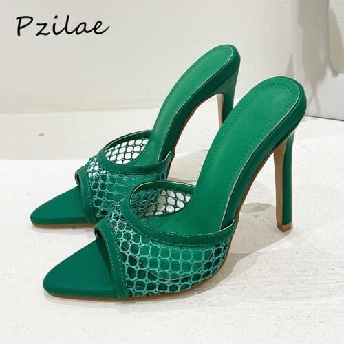 Pzilae 2022 New Sexy Pointed Head Peep Toe High Heel Mesh Slippers Summer Fashion Slip On Thin Heels Slides Women Mules Party