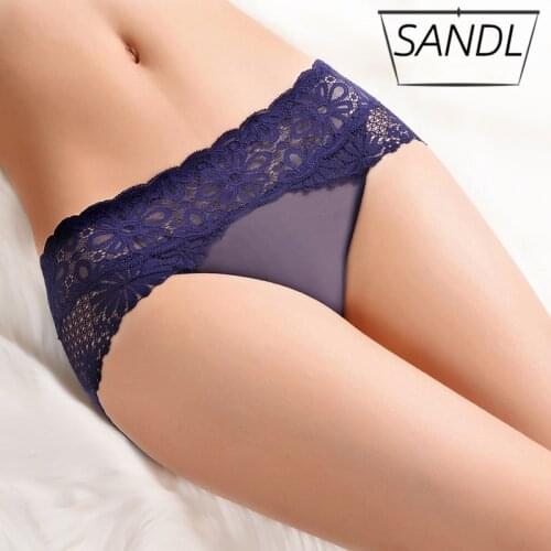 SANDL Womens Panties Sexy Lace Underwear Translucent Floral Mesh Lingerie Mid-Waist Female Bikini Hollow-Carved Design Knickers